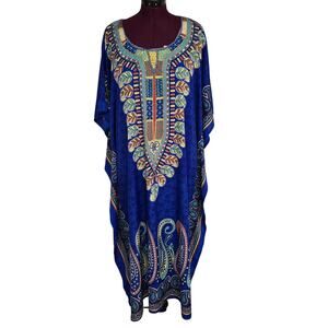 Women's Sante Classics Blue Colorful Patterned Mumu Kaftan Dress | One Size
